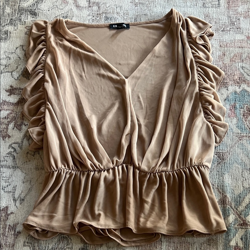 Express Tan Ruched Peplum V-Neck Blouse